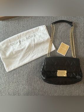 Michael Kors Black Quilted Leather Shoulder Bag with Gold Hardware